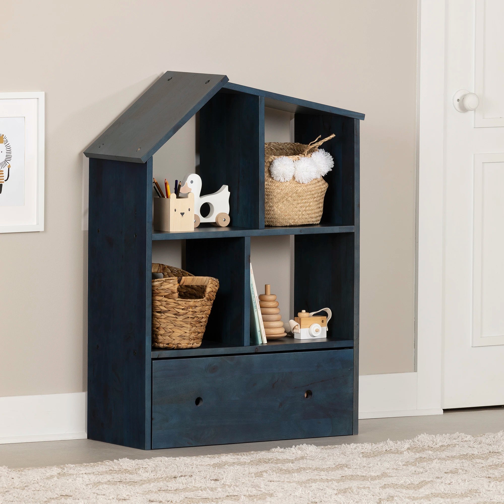 Solid Wood House Shaped Bookcase with Storage Bin - Sweedi