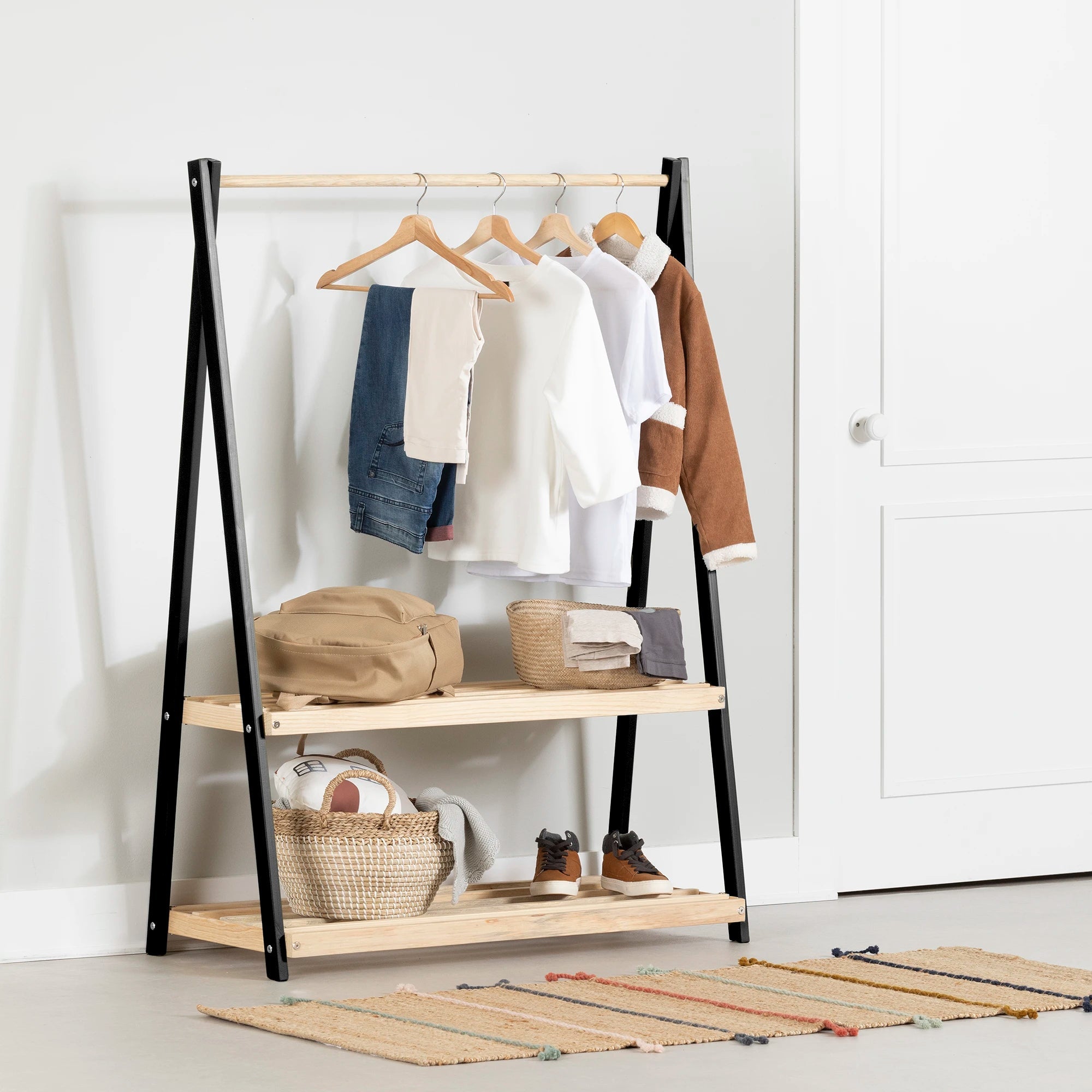 Wooden Clothes Rack with Storage Shelves for Kids - Sweedi