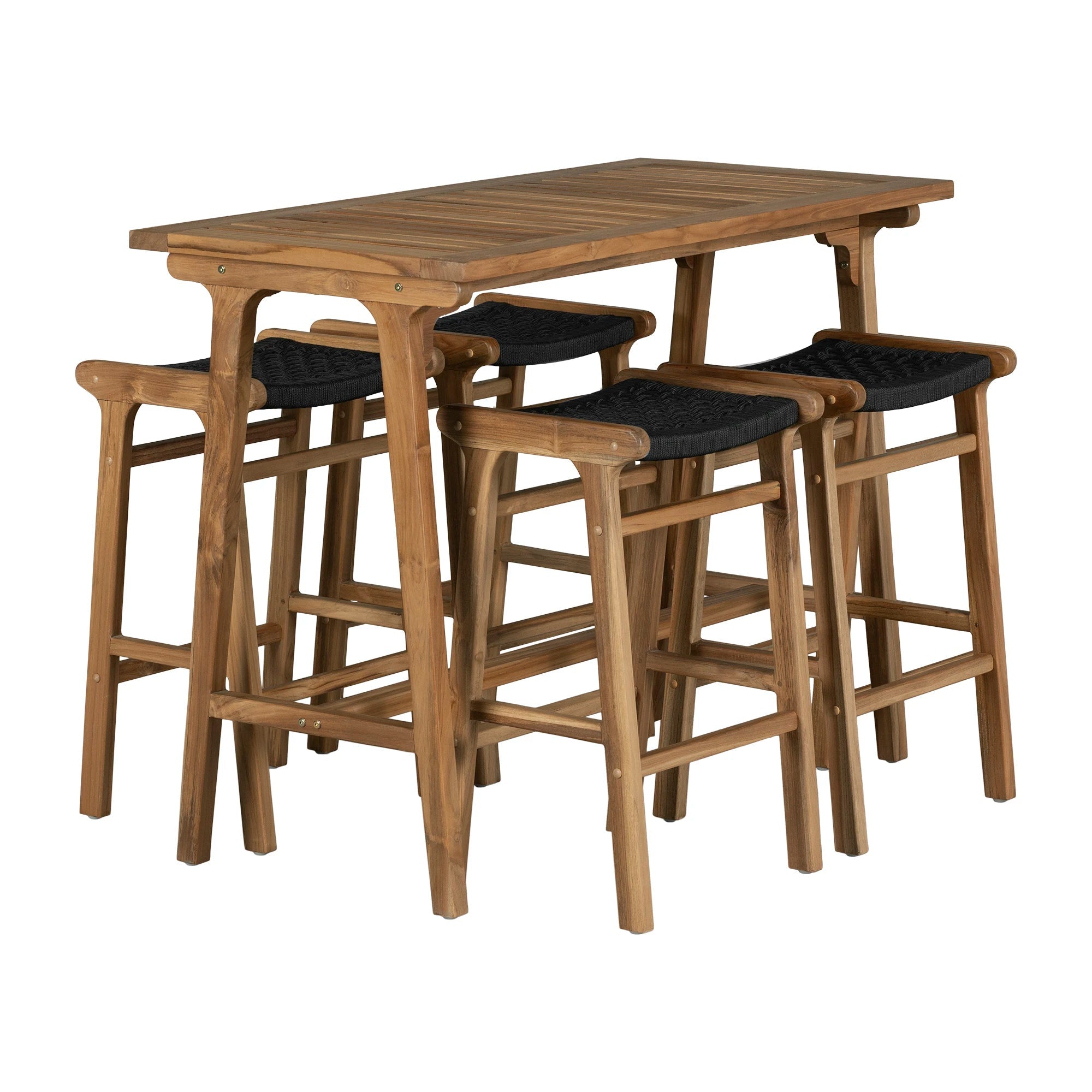 Teak Bar Table and Set of 4 Rope Bar Stools - Agave