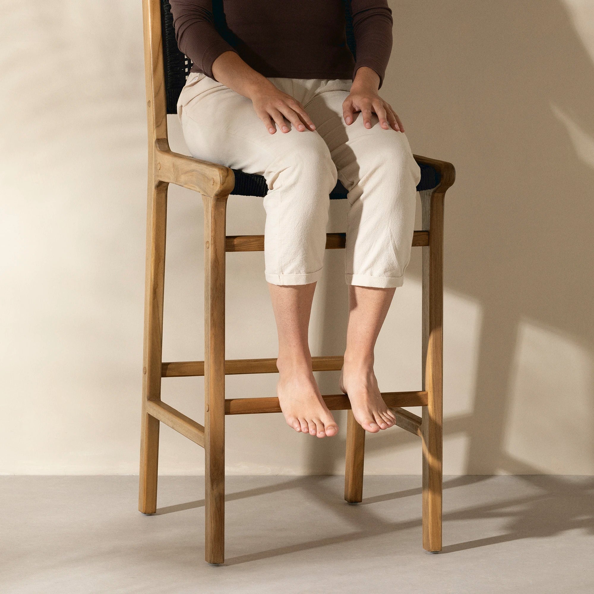 Teak Bar Table and Set of 4 Woven Rope Bar Stools - Agave