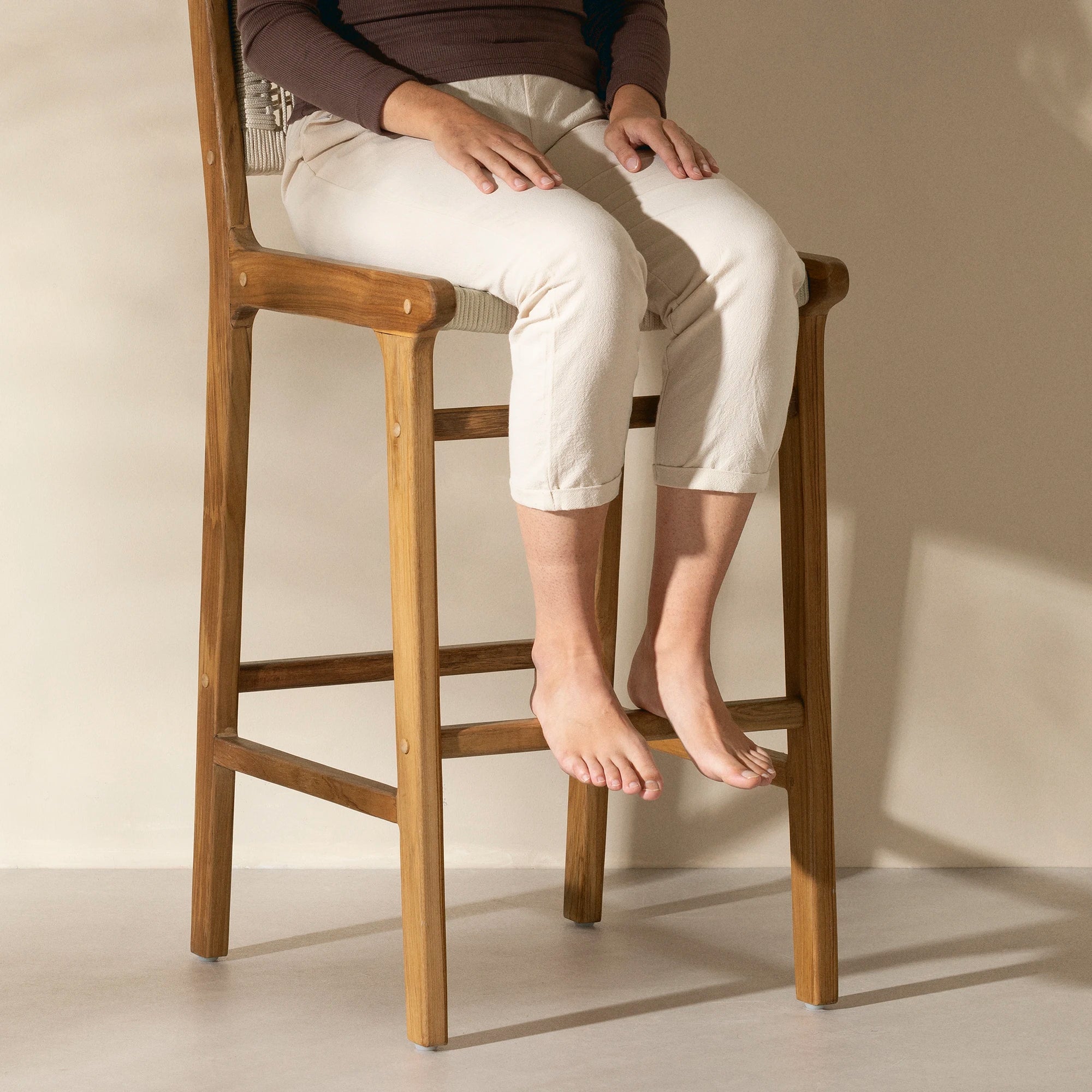 Teak Bar Table and Set of 4 Woven Rope Bar Stools - Agave