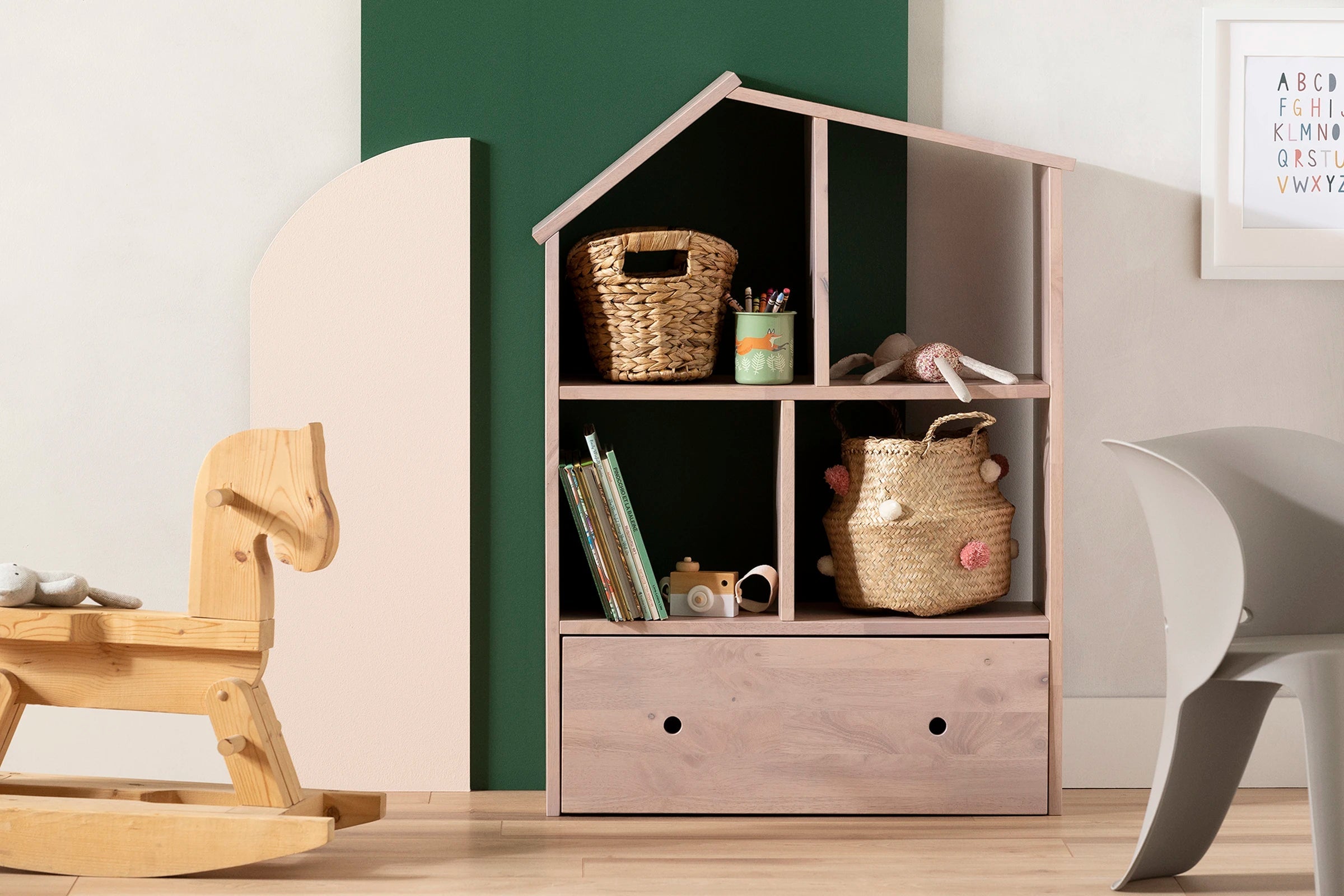 Solid Wood House Shaped Bookcase with Storage Bin - Sweedi