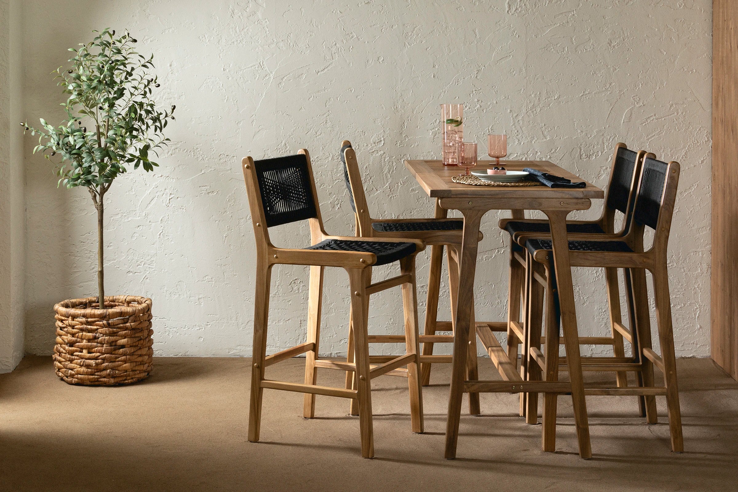 Teak Bar Table and Set of 4 Woven Rope Bar Stools - Agave