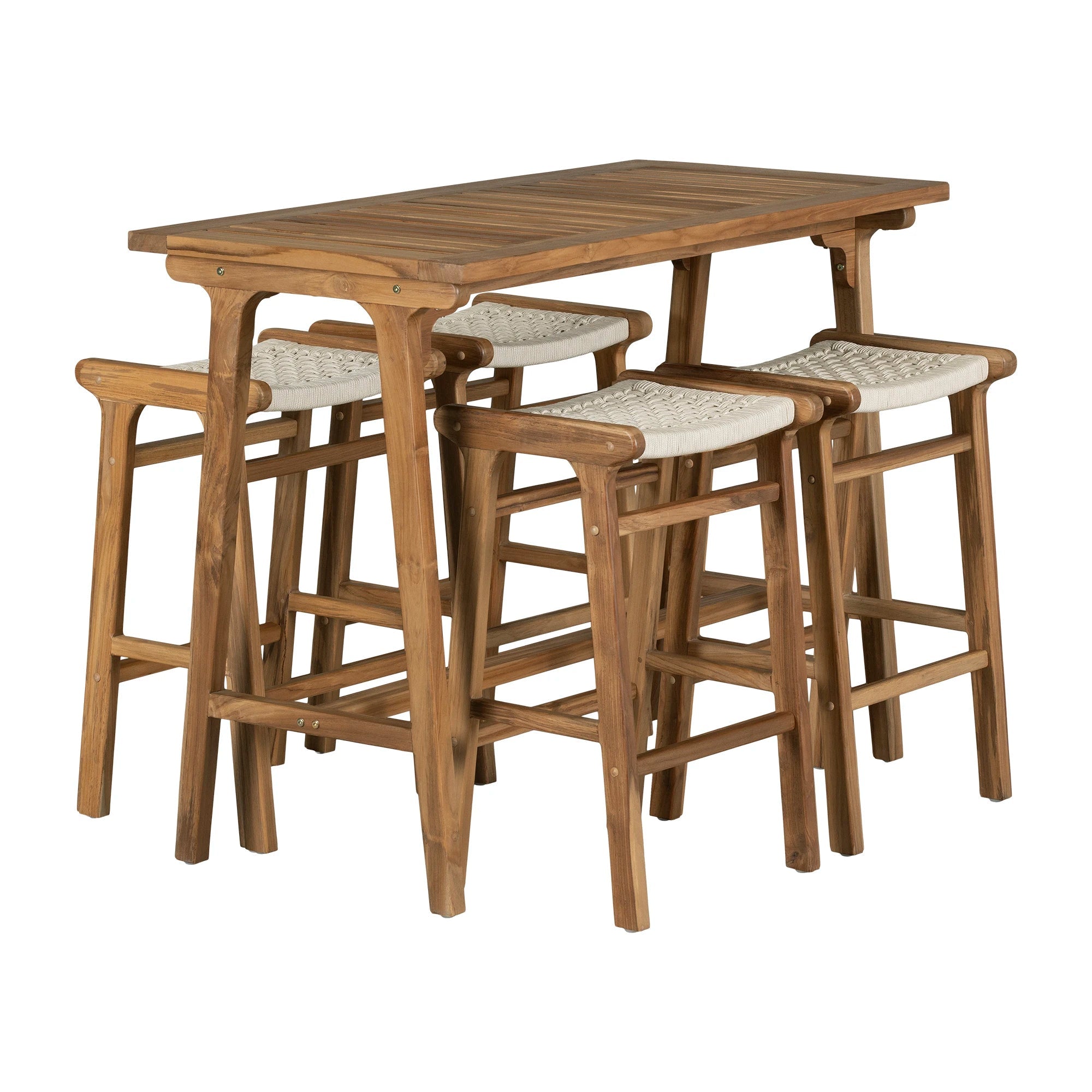 Teak Bar Table and Set of 4 Rope Bar Stools - Agave