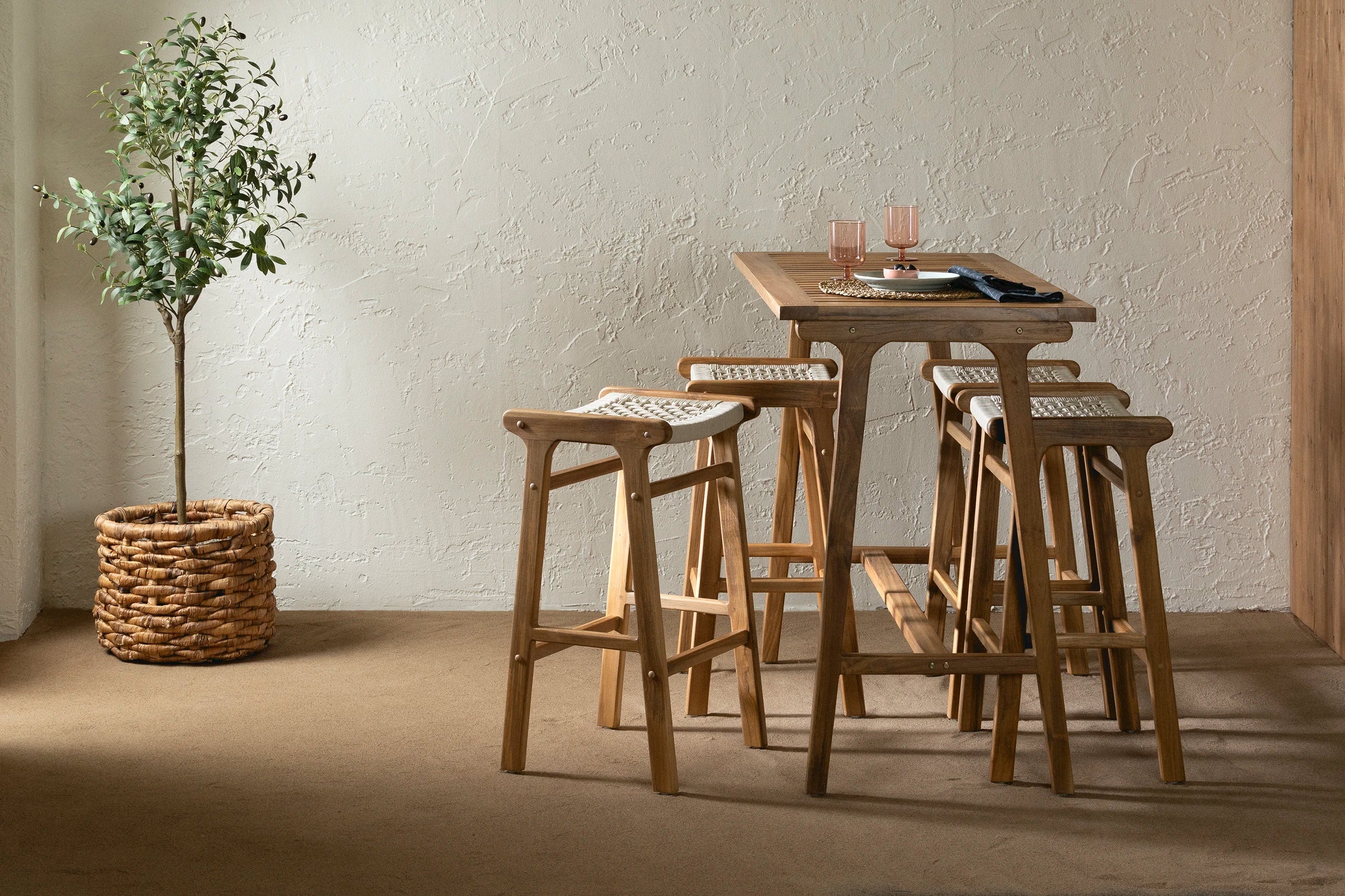 Teak Bar Table and Set of 4 Rope Bar Stools - Agave