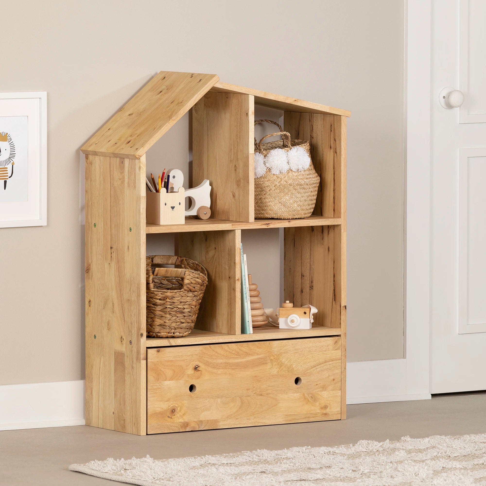 Solid Wood House Shaped Bookcase with Storage Bin - Sweedi