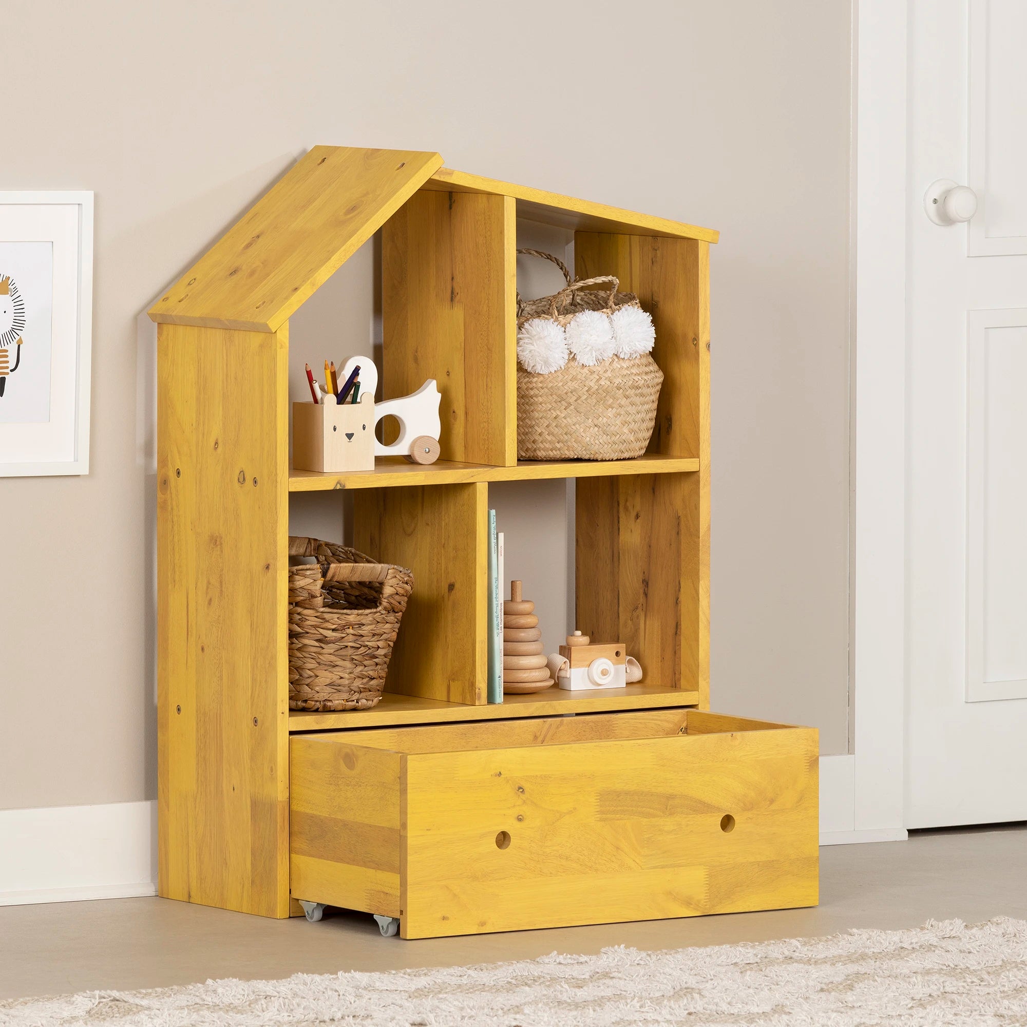 Solid Wood House Shaped Bookcase with Storage Bin - Sweedi