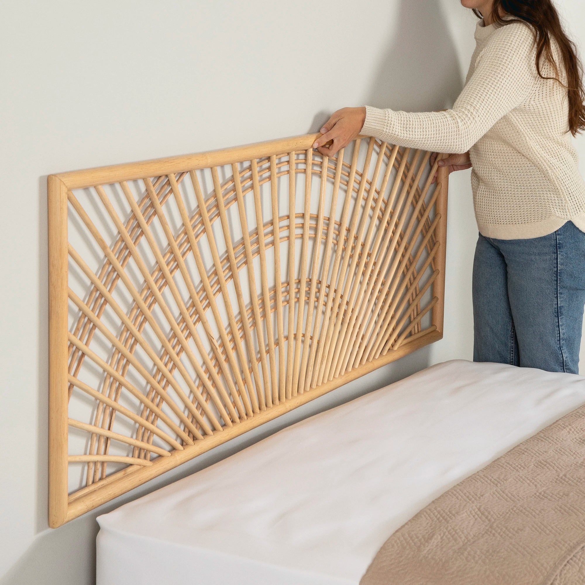 Wooden Bed and Rattan Wall-Mounted Sunrise Headboard Set - Balka