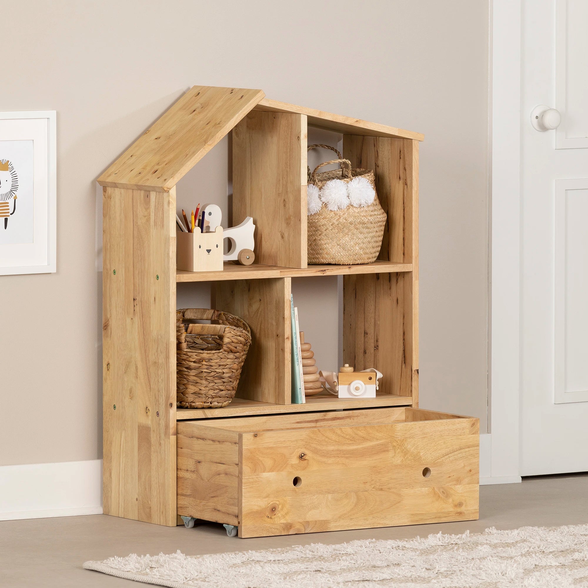 Solid Wood House Shaped Bookcase with Storage Bin - Sweedi