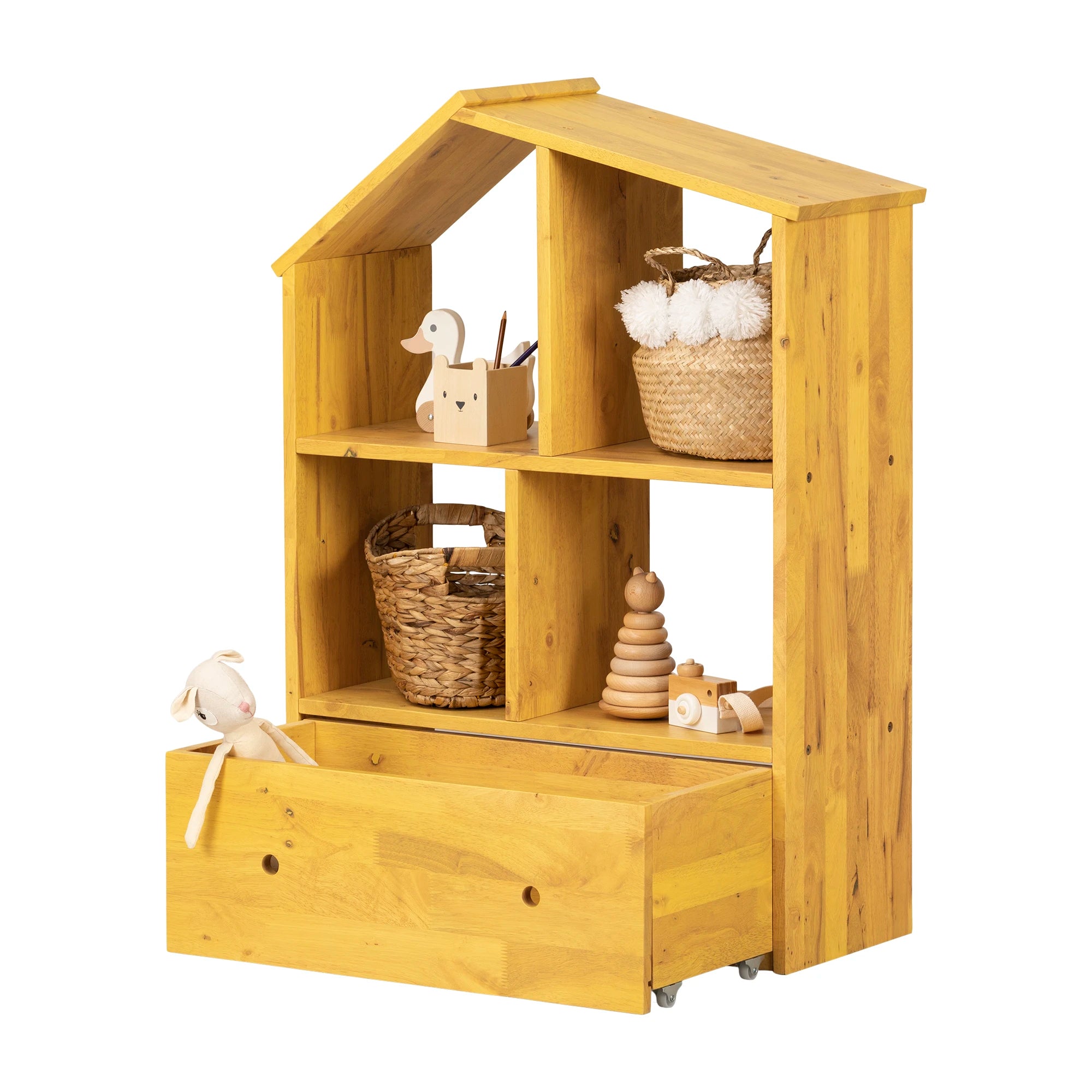 Solid Wood House Shaped Bookcase with Storage Bin - Sweedi