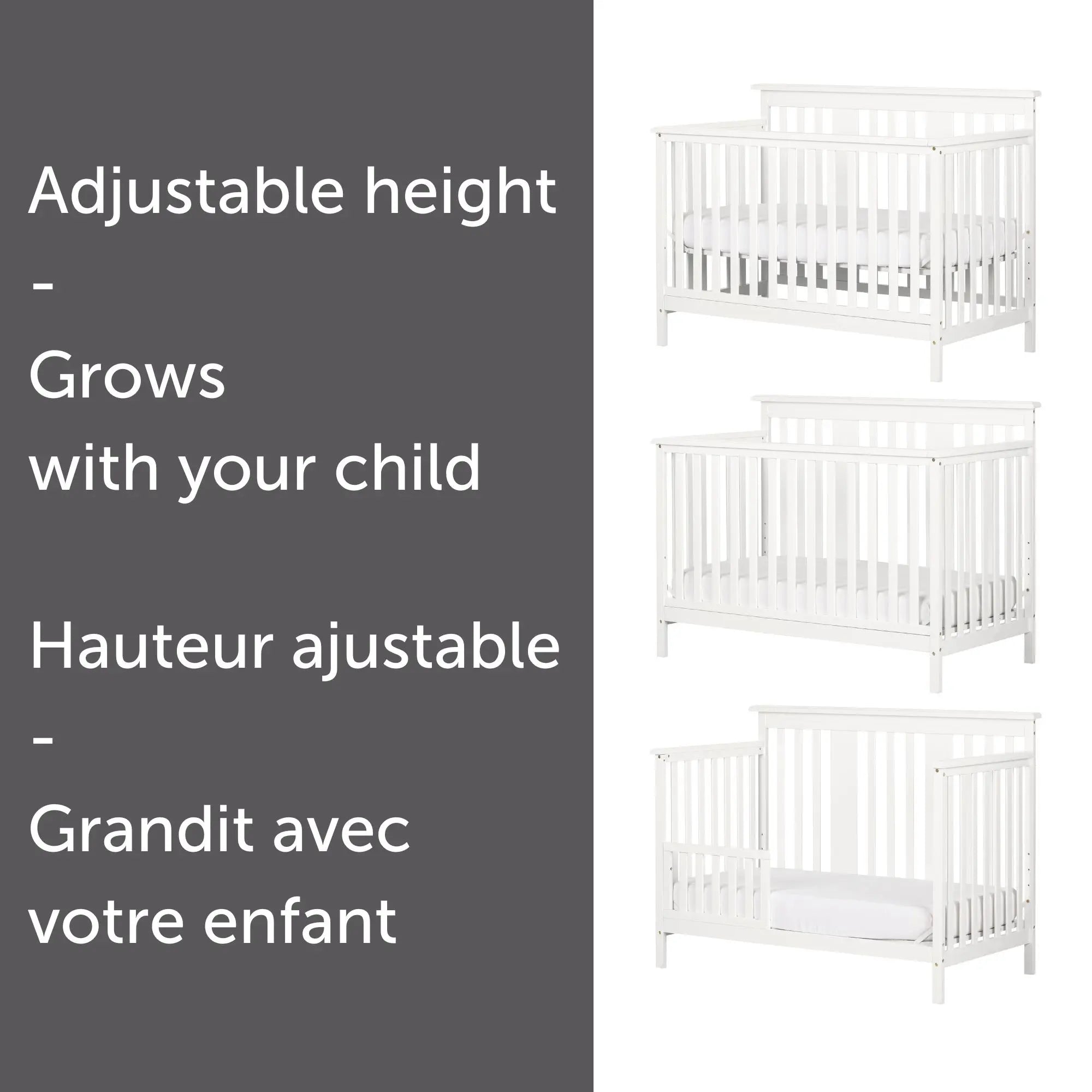 Modern Baby Crib - 4 Heights with Toddler Rail - Cotton Candy