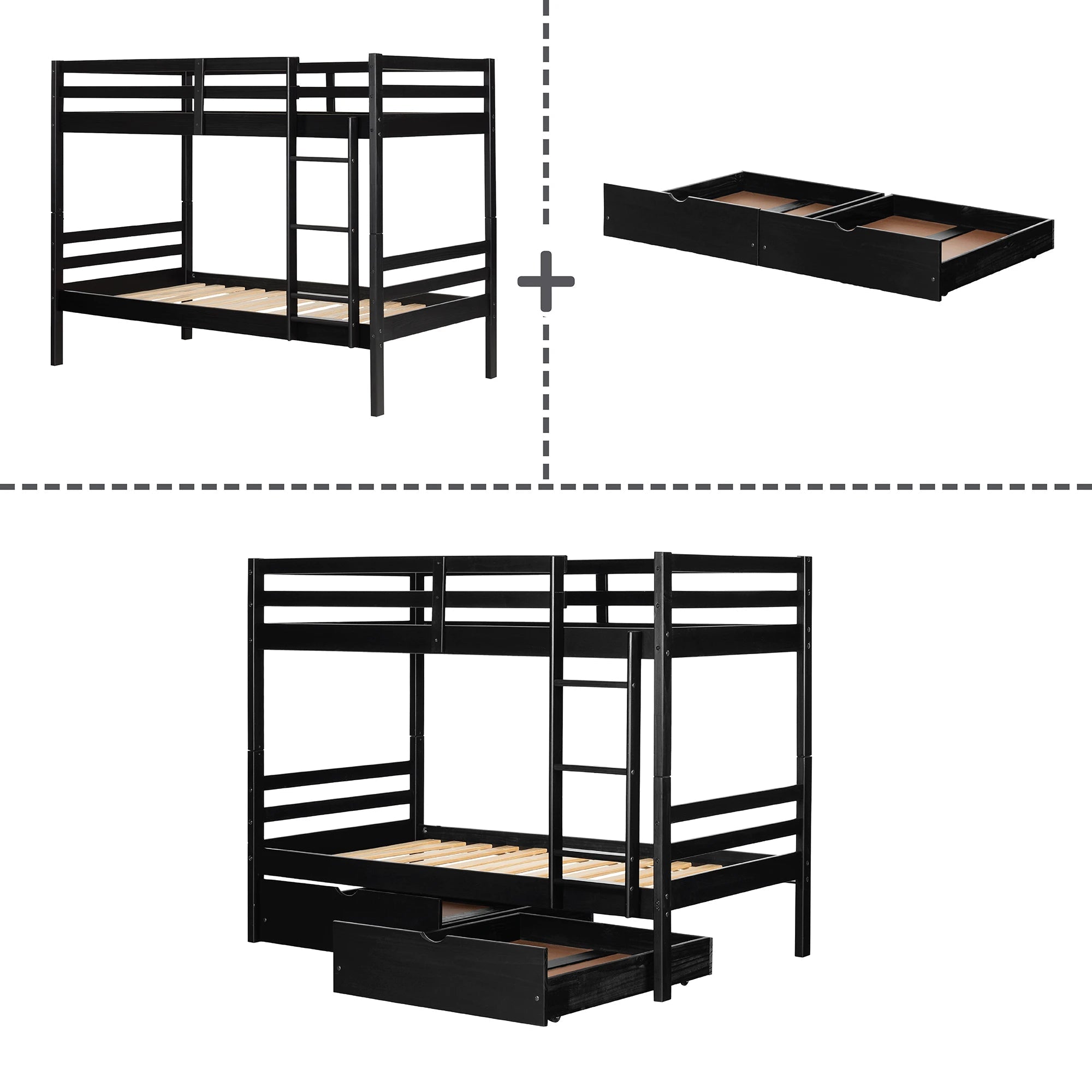 Solid Wood Bunk Bed and Rolling Drawers Set - Fakto