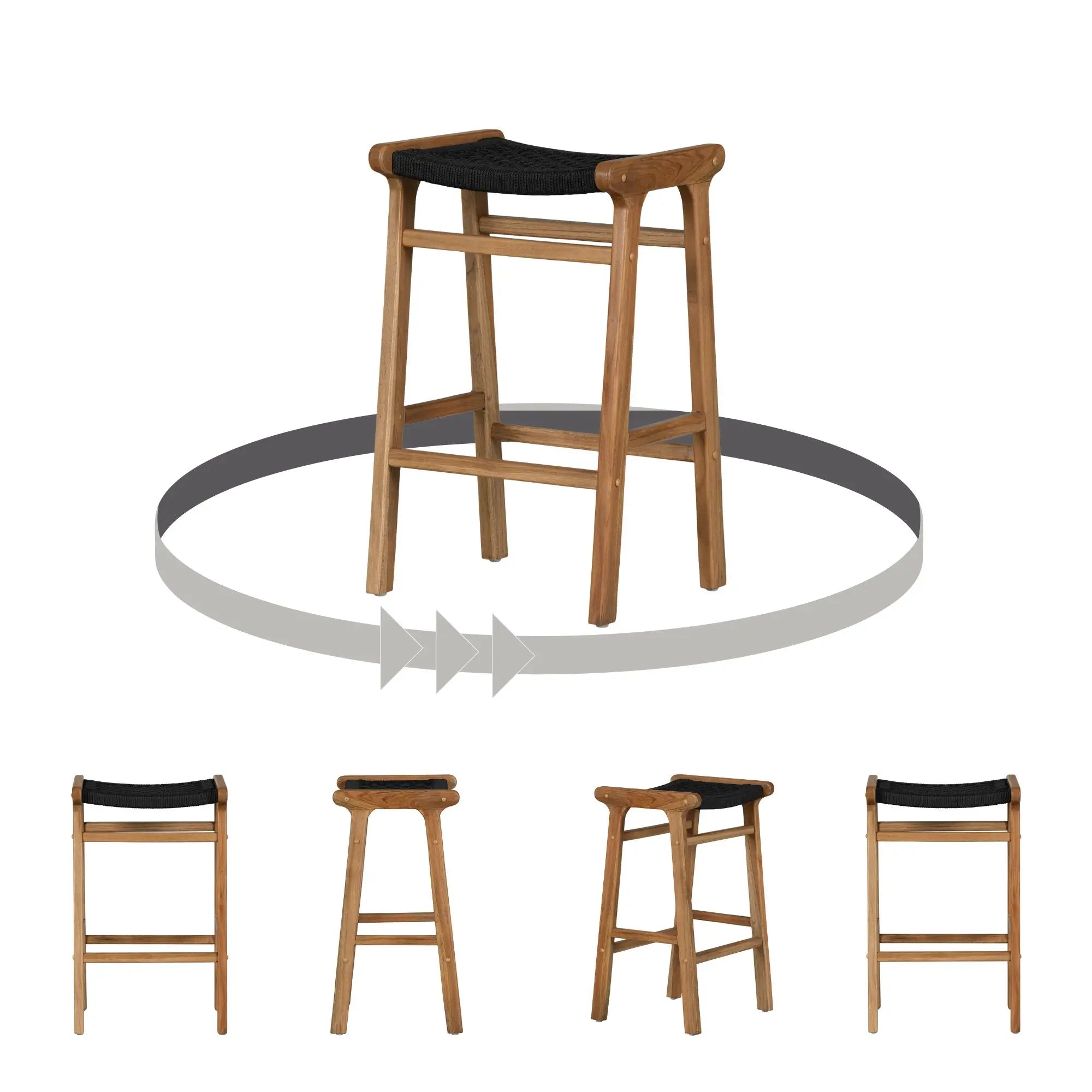 Teak Bar Table and Set of 4 Rope Bar Stools - Agave