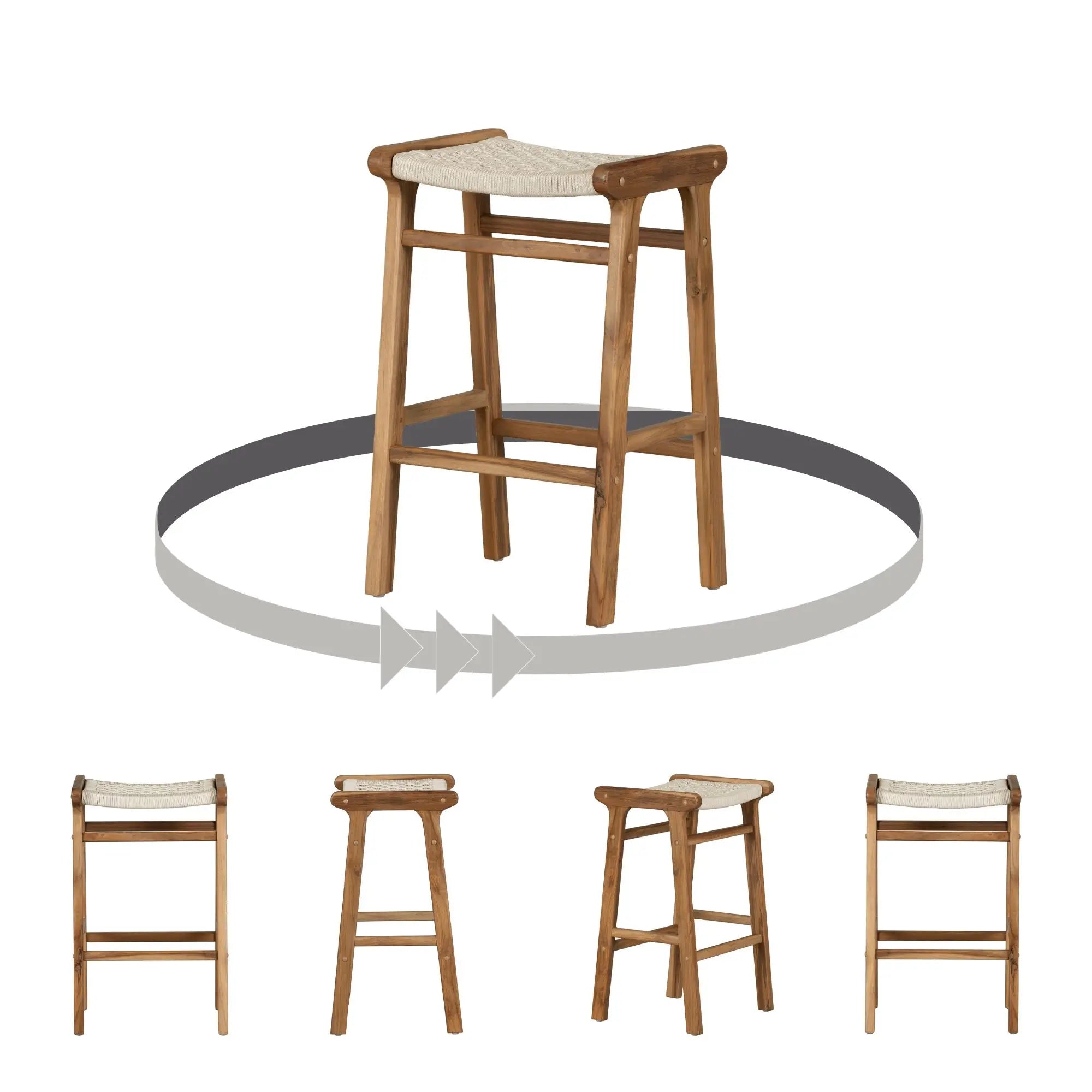 Teak Bar Table and Set of 4 Rope Bar Stools - Agave