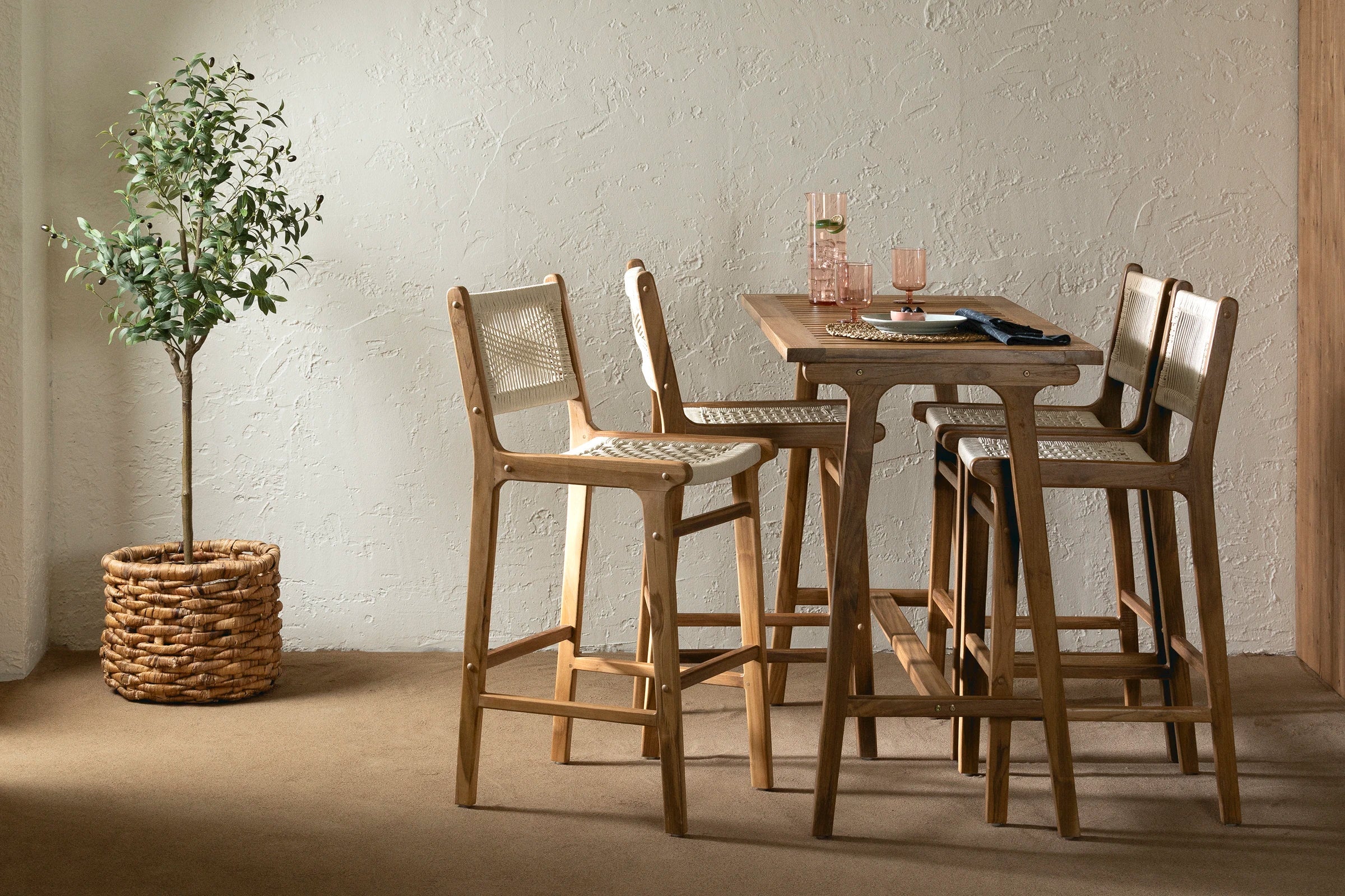 Teak Bar Table and Set of 4 Woven Rope Bar Stools - Agave